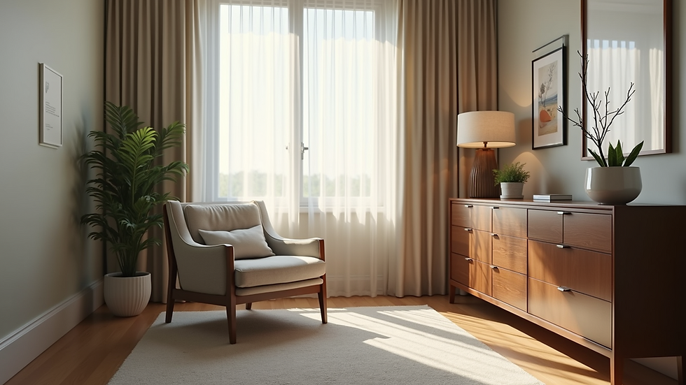 Eye-level view of a cozy consultation room with a comfortable chair and soft lighting