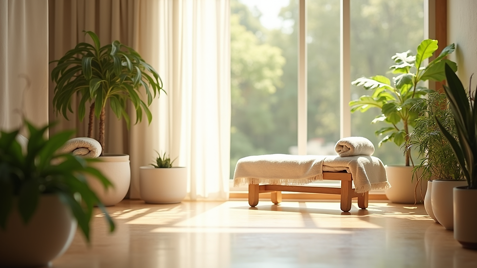 Eye-level view of a serene wellness room with natural light and plants