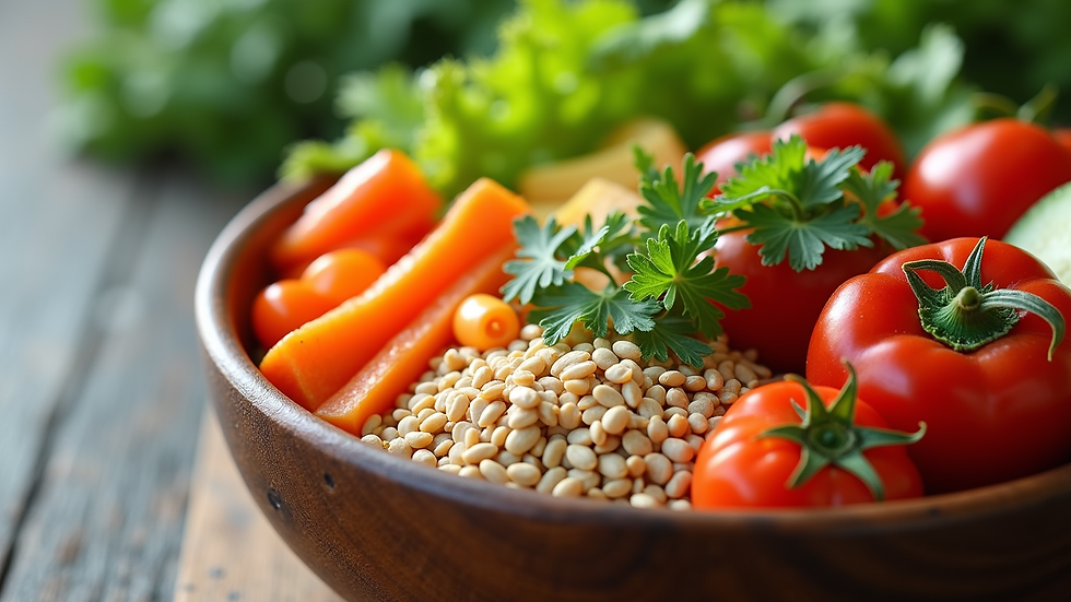 Close-up view of a colorful bowl of fresh vegetables and grains