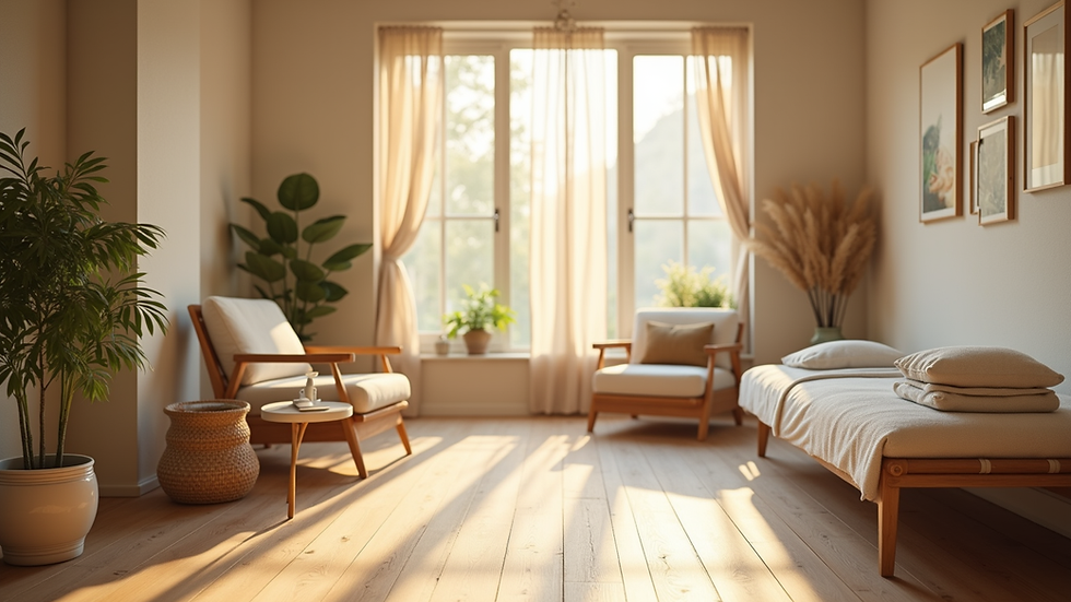 Eye-level view of a cozy holistic wellness clinic room with natural light