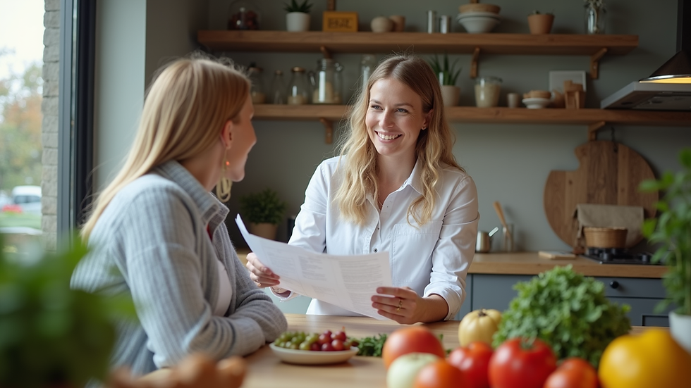 Eye-level view of a nutritionist explaining a healthy meal plan to a client
