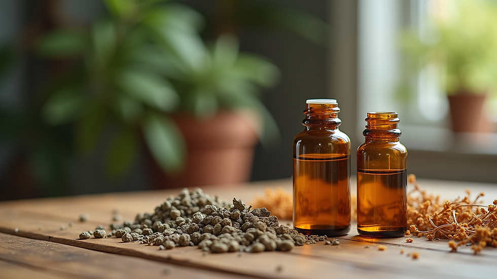 Close-up view of herbal medicine bottles and dried herbs on a wooden table