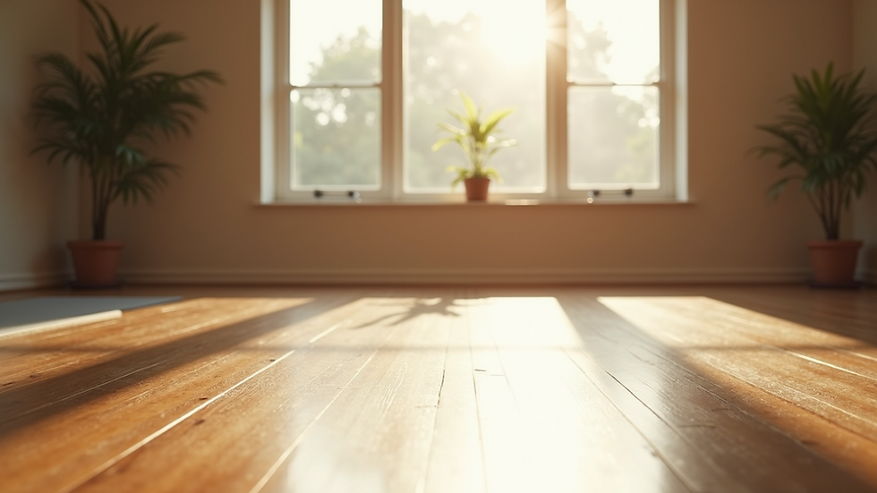 Eye-level view of a serene yoga studio with natural light
