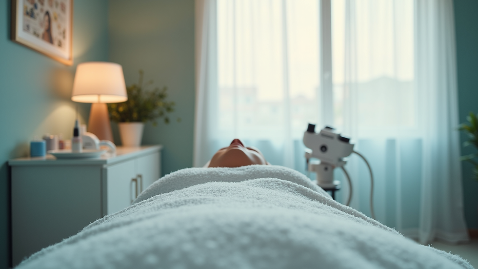Eye-level view of a serene clinic treatment room with a microneedling machine ready