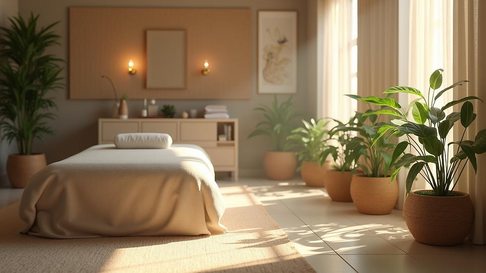 Eye-level view of a cozy wellness room with plants and soft lighting