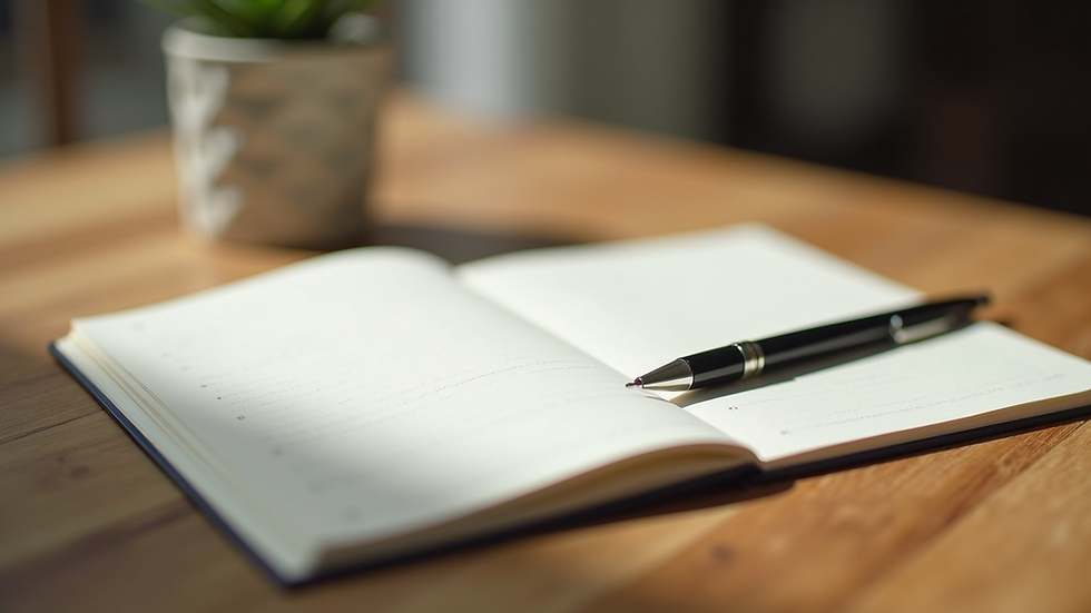 Close-up view of a journal and pen on a wooden table with soft natural light