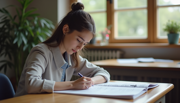 High angle view of a student reviewing Cornell notes with a pen and textbook