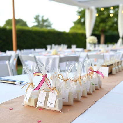 outdoor wedding reception table with scented sachets with ribbons.jpg