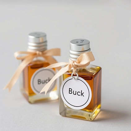 same mini perfume bottles with beige colour ribbons and a round sticker with A in it. simp