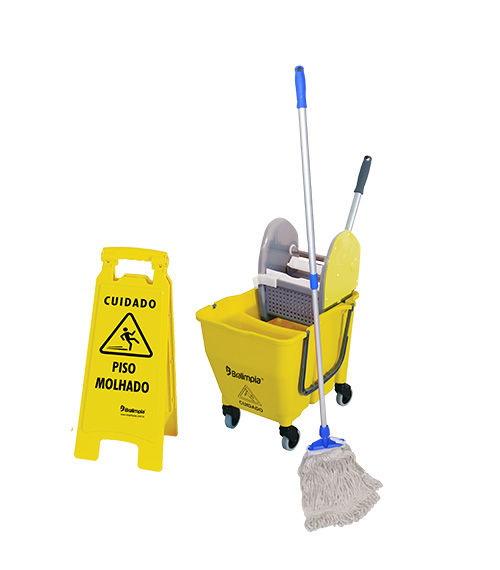 Kit Bralimpia Balde /Espremedor/Mop Umido + Placa Sinalizacao
