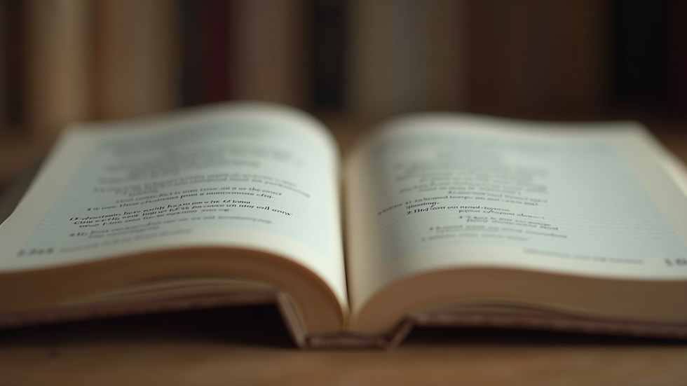 Eye-level view of an open book with poetry and short stories