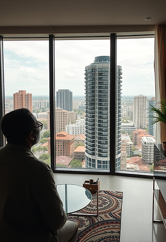 a kenyan man living in the diaspora looking at photos of real estate in high end apartment