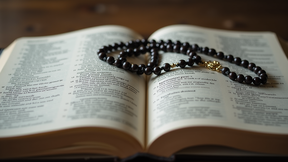 Close-up view of an open Bible with highlighted verses and a rosary