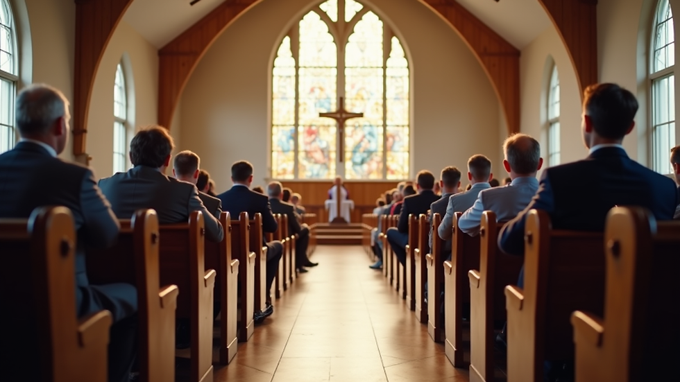 Eye-level view of a church meeting room set up for a men's group gathering