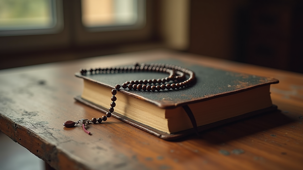 Close-up view of a Bible and rosary on a wooden table