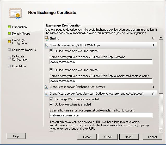 Setting Exchange Configuration Options