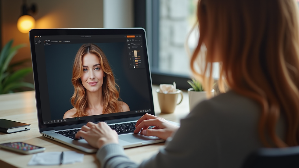 Eye-level view of a laptop screen showing a virtual hair color try-on tool