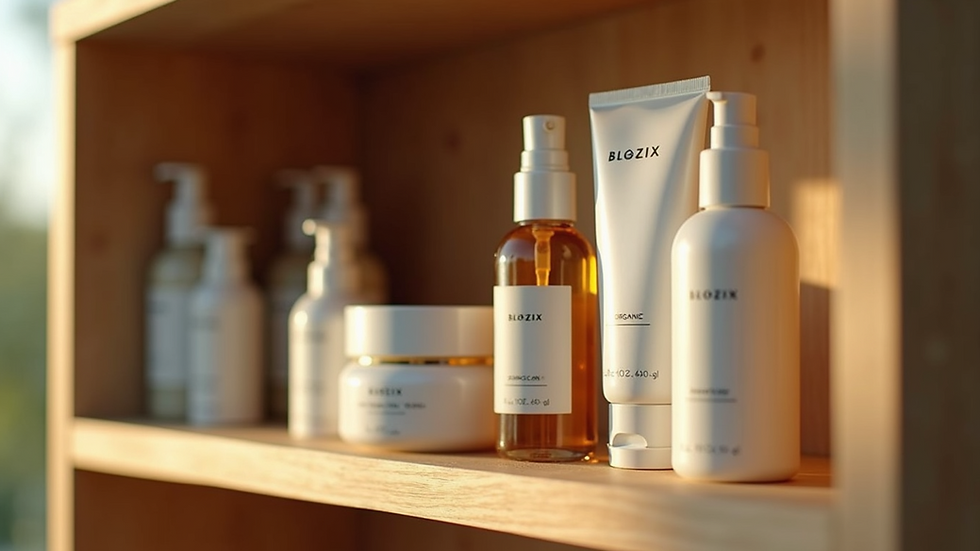 Close-up view of certified organic skincare bottles on a wooden shelf