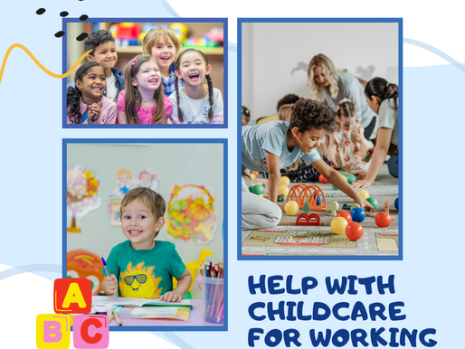 Children playing and smiling in a childcare setting. Toys and colorful decor. Text reads "Help with childcare for working parents."