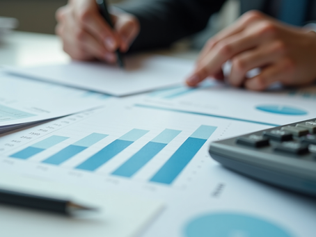 Hands writing on paper amid charts and graphs on a desk. Blue and white charts, calculator, pen. Business analysis setting.