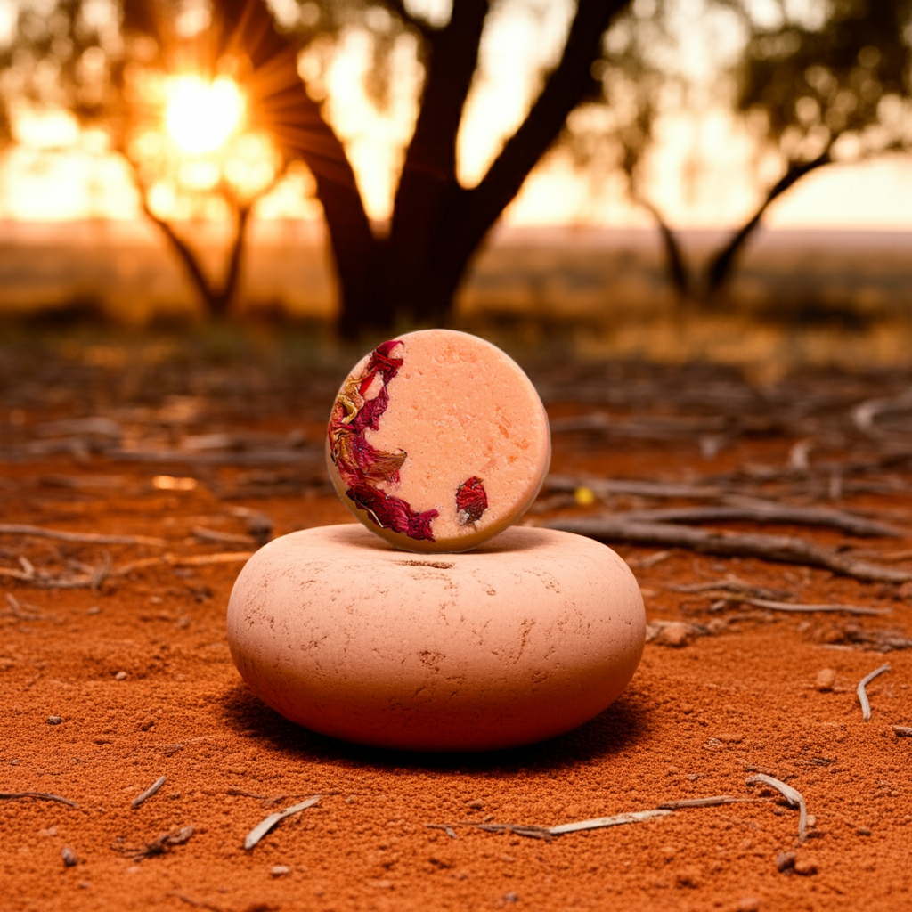 Peach-colored shower bomb with dried petals on red Aussie outback soil at sunset with silhouetted gum trees