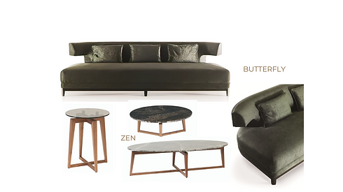 Butterfly sofa and Zen coffee and lamp tables wood and marble