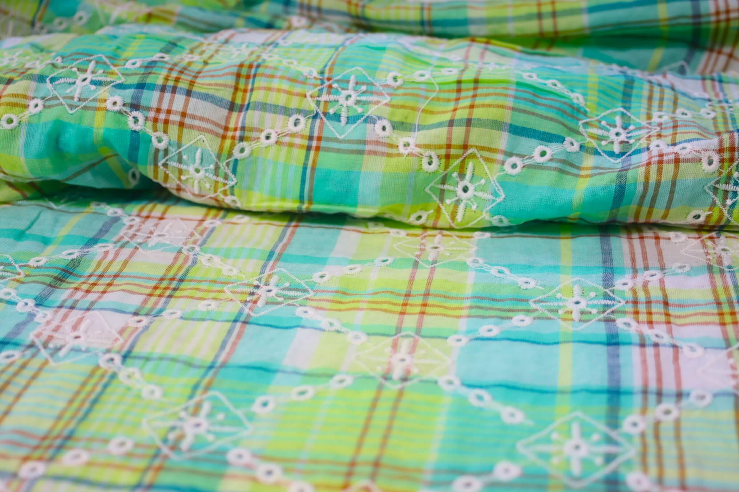 Green Madras Embroidered Cotton Fabric - Tissu en coton brodé Madras vert - Asamani Fabrics