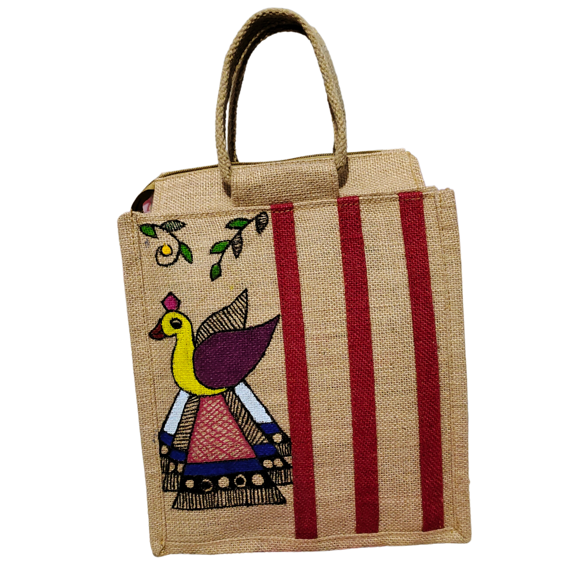 Jute Lunch Bag with Madhubani Hand Painting (Peacock Painting)