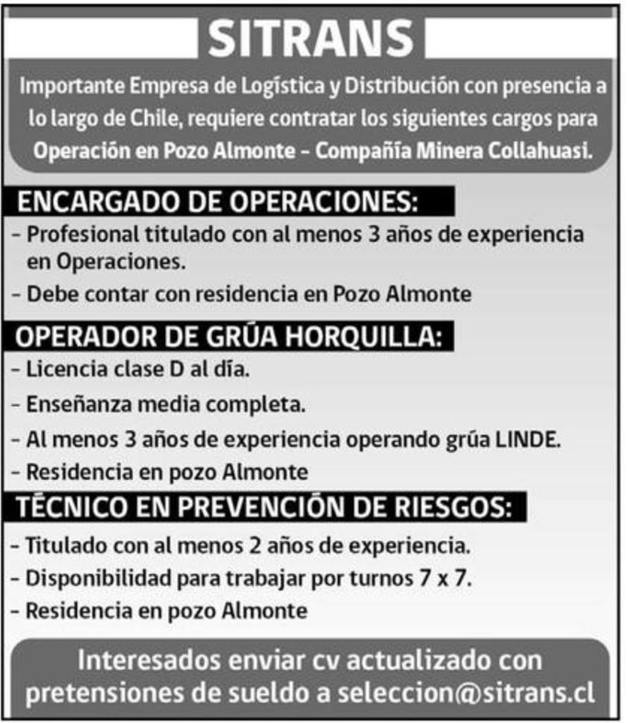 Encargado de operaciones, Operador grúa horquilla, Técnico en prevención de riesgos - iMineros