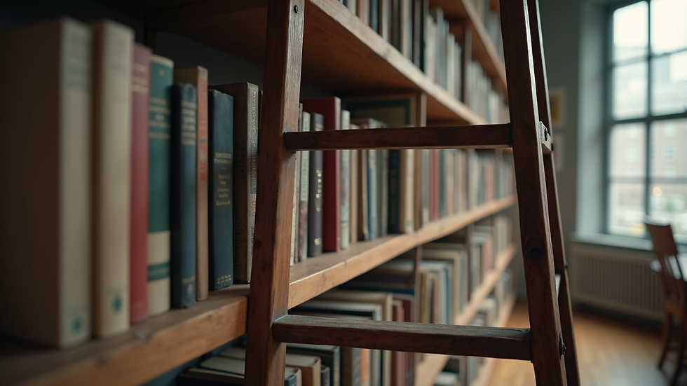 Close-up view of a vintage wooden ladder repurposed as a bookshelf