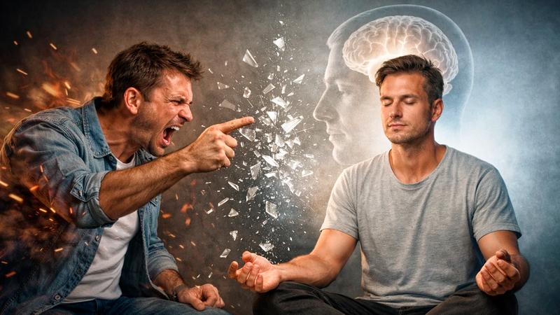 Ilustração conceitual de duas expressões da mente: à esquerda um homem reagindo com raiva e impulsiv