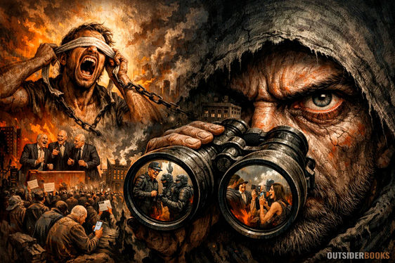 Homem com expressão tensa observa através de binóculos enquanto, ao redor, cenas caóticas mostram multidão manipulada, líderes discursando, policiais e mídia registrando conflitos; à esquerda, um homem acorrentado grita com os olhos vendados em meio a uma cidade em chamas.