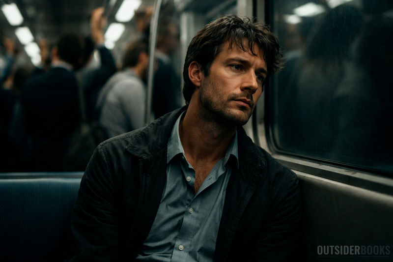 Homem solitário dentro de um metrô lotado, olhando pela janela com expressão vazia enquanto outras pessoas aparecem desfocadas ao fundo.