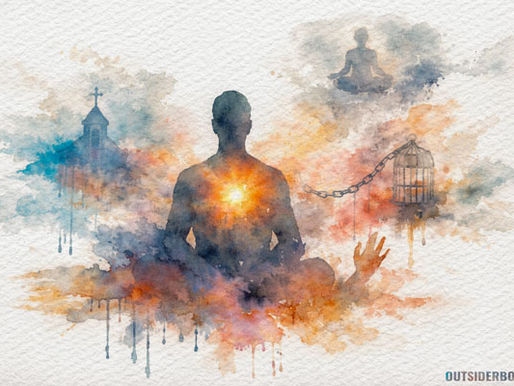 Silhueta humana em meditação com um brilho difuso no peito, cercada por formas abstratas em aquarela que sugerem influências religiosas e psicológicas, com manchas, drips e áreas em branco predominantes.