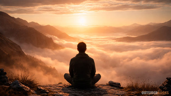 Homem solitário visto de costas, sentado à beira de um penhasco sob um céu nublado, observando um vale coberto por nuvens densas, em atmosfera fria e silenciosa.