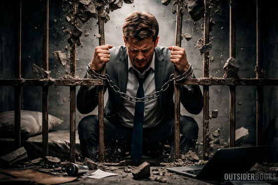 Homem de terno ajoelhado dentro de uma cela destruída, segurando correntes presas às mãos enquanto barras de ferro se rompem ao redor; um notebook aberto no chão sugere aprisionamento ligado ao trabalho.