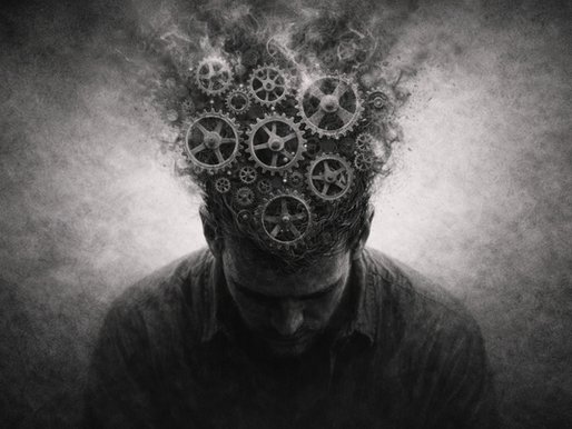 Ilustração conceitual de uma mente funcionando como uma máquina de pensamentos contínuos, representando o pensamento compulsivo.