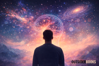 figura humana observando um cérebro formado por galáxias e estrelas, simbolizando reflexão e consciência