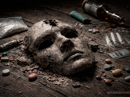 Máscara humana quebrada sobre mesa de madeira, cercada por drogas, comprimidos e garrafa vazia, simbolizando a falsa ruptura da identidade