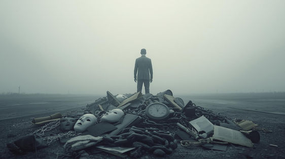 Homem em pé diante de uma pilha de objetos simbólicos — máscaras, relógio, correntes e papéis — representando memórias acumuladas que formam a identidade psicológica.