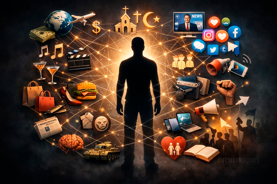 Silhueta de uma pessoa no centro conectada por uma rede de linhas luminosas a diversos símbolos sociais — religião, dinheiro, mídia, redes sociais, consumo, política, família e cultura — representando as influências que moldam o pensamento humano.