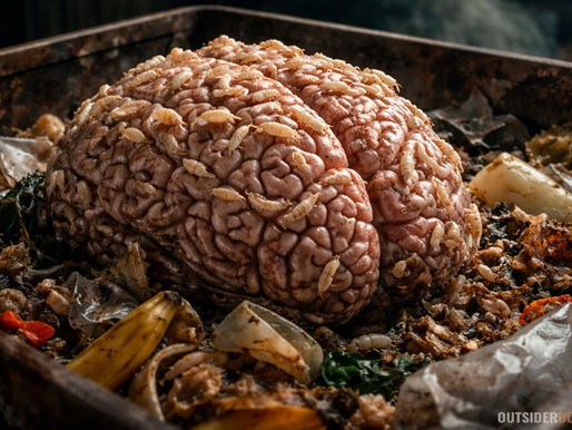 Cérebro humano em decomposição dentro de uma lixeira, coberto por bigatos, cercado por restos de lixo orgânico em ambiente escuro.