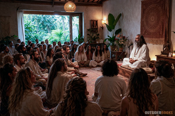 Grupo de pessoas sentadas no chão em círculo, em um ambiente fechado e acolhedor, ouvindo atentamente um homem barbudo vestido de branco que fala à frente, em um cenário típico de satsang, com iluminação suave e atmosfera contemplativa.