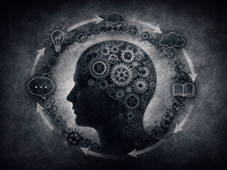 Ilustração de perfil humano com engrenagens na mente e setas formando um ciclo ao redor da cabeça, representando o ciclo automático do pensamento.