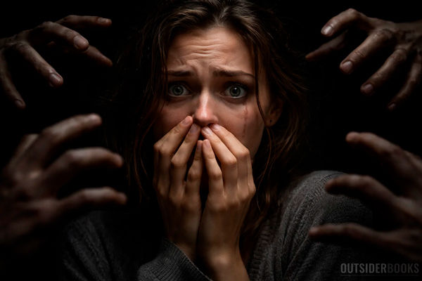 Mulher com expressão de medo intenso cobrindo a boca enquanto várias mãos surgem da escuridão ao redor, simbolizando pressão psicológica e ansiedade.