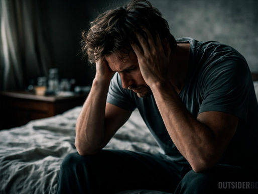 Homem sentado na beira da cama, segurando a cabeça com as mãos, em um quarto escuro e desorganizado, expressando exaustão física e emocional.