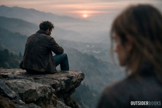 Homem sentado sozinho à beira de um penhasco observando o horizonte ao pôr do sol, enquanto uma figura desfocada aparece em segundo plano, sugerindo distância emocional e reflexão sobre individuação.