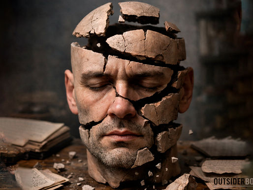 rosto masculino fragmentado como escultura quebrada representando a fragmentação da mente e a mente condicionada