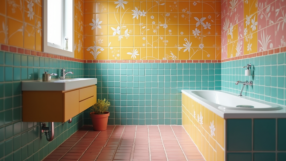 Eye-level view of vibrant bathroom tiles with creative designs