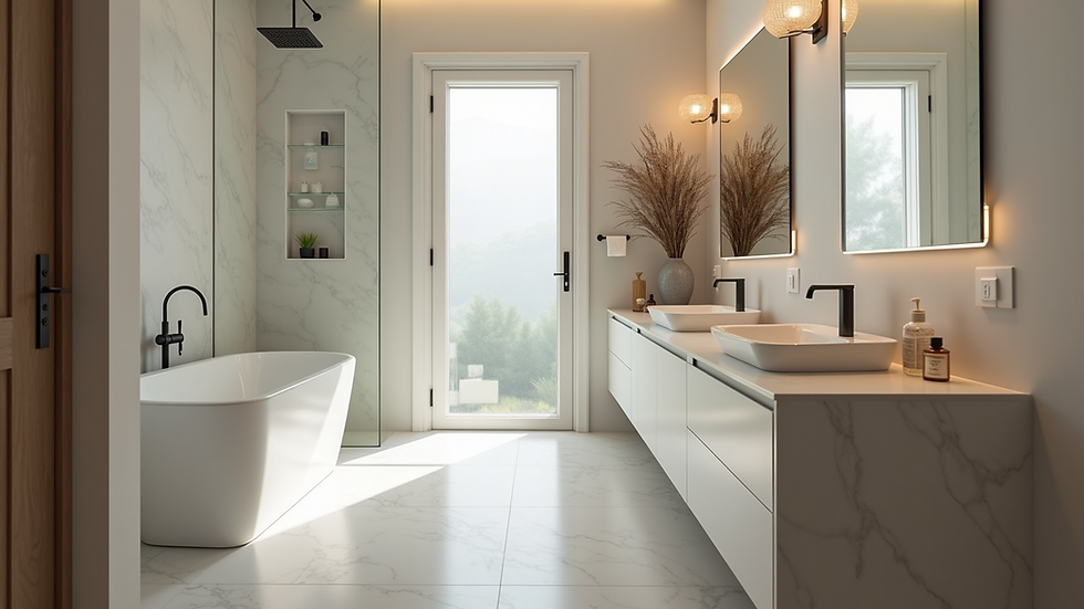 Eye-level view of a stylish, newly remodeled bathroom with modern fixtures